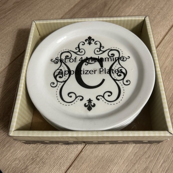 Set of 4 Melamine Appetizer Plates White w/ Initial “C” NEW - Picture 2 of 3